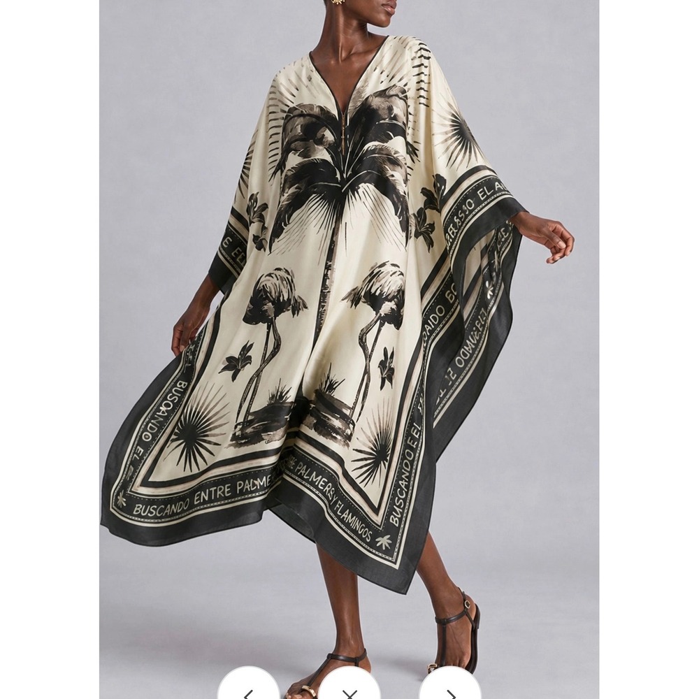 H&M Edition Flamingo Palm Tree Kaftan Dress Cream Black Tropical M/L
